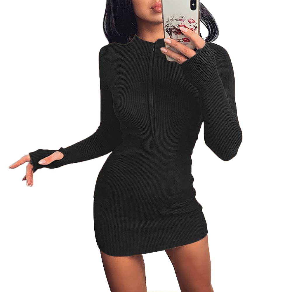 MEARWomens Long Sleeve Knitwear Sweater Dress Turtle Neck Chunky Cable Ribbed Knitted Jumper Dresses Sexy Perspective Mesh Wrap Dress Pullover Mini Elegant Winter Dress (Black, M)