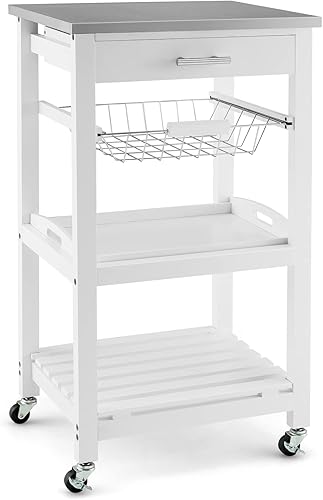 GORELAX Carrito de cocina pequeño blanco de madera con ruedas, carrito rodante de 4 niveles con cajón, carrito de café utilitario, carrito de isla
