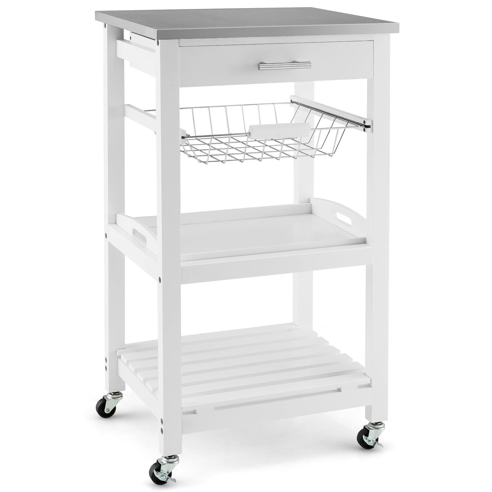 GORELAX Wooden White Small Kitchen Trolley Cart with Wheels, 4 Tier Rolling Cart with Drawer, Utility Coffee Cart, Kitchen Island Cart w/Stainless Steel Tabletop for Dining Room