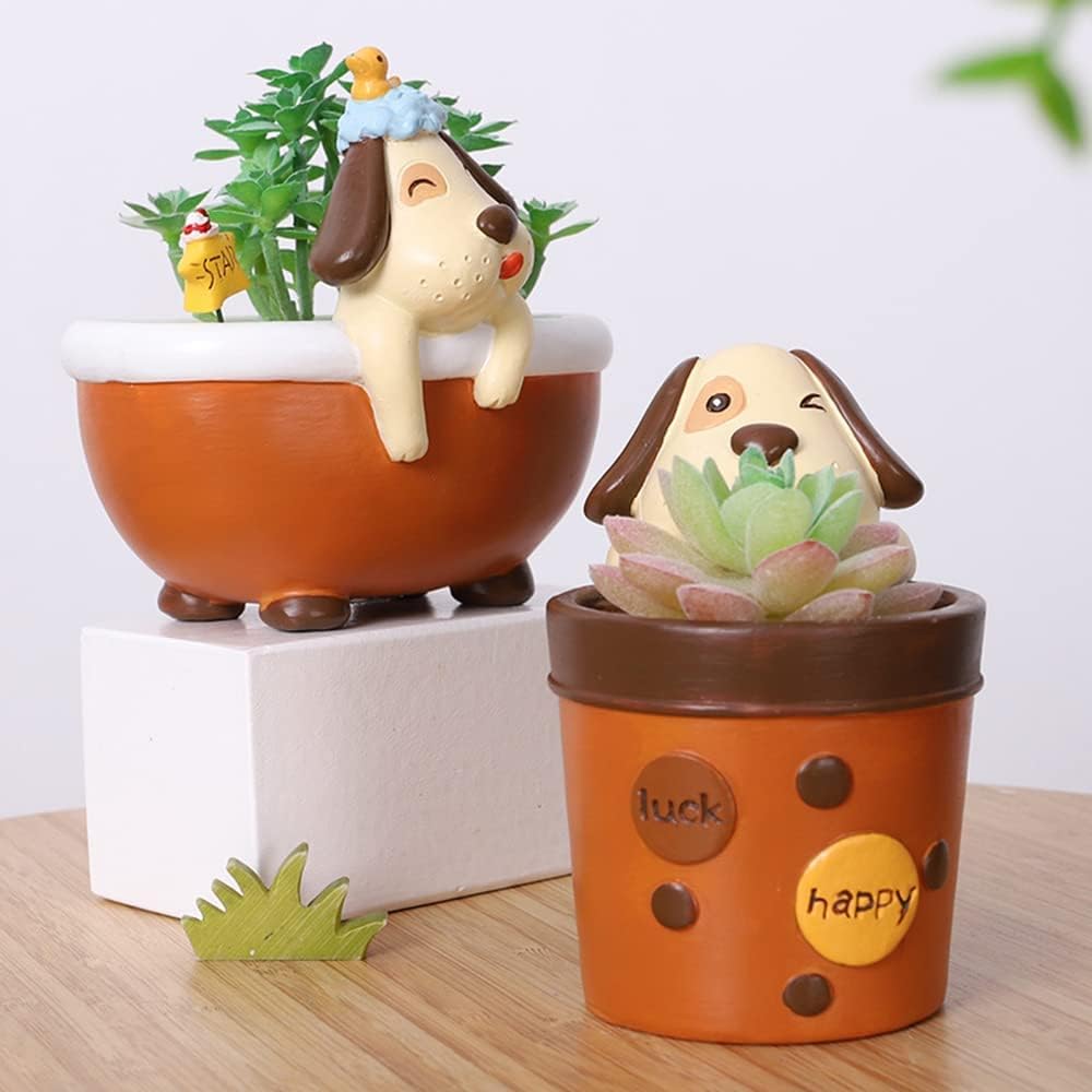 Cute Animal Succulent Planters Small Pug Planter Pots for Cactus Herbs Dog Shaped Flowerpots with Drainage Hole & Plug Gift for Dog Lovers (Take A Shower)