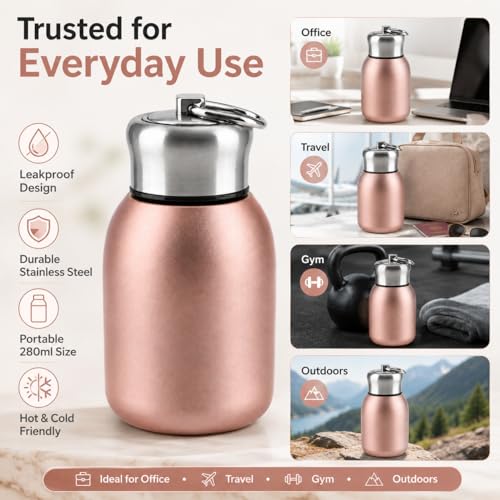 Image of Mini Stainless Steel Vacuum Insulated Water Bottle, 280ml, Black, Leakproof, Hot and Cold, with Keyring Cap (Gold)
