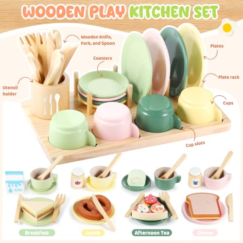 Image of GAGAKU Wooden Play Kitchen Accessories - 25Pcs Montessori Play Dishes Set with Integrated Storage Stand, Bright Color Plates & Bowls, Pretend Cooking Toys for Ages 3-5, Educational Gift for Toddler