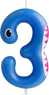Number 3 Blue Shark Birthday Candles for Cake Toppers, Ocean Animals Theme Party Decorations, 3rd Happy Birthday Candle for Shark Baby Shower & Birthday Party Supplies