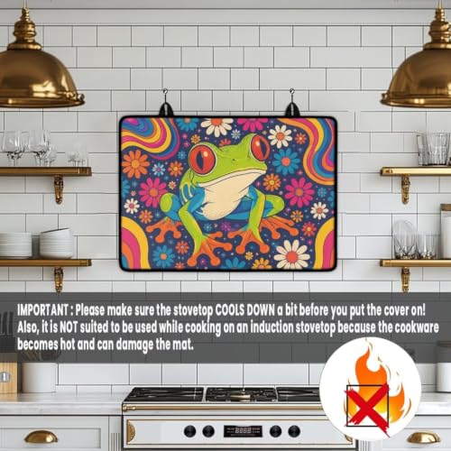 Image of Electric Stove Top Covers Heat Resistant Glass Ceramic Cooktop Cover Mat Retro Kitchen Scratch Resistant Flat Top Stove Cover, 29 x 21 Inch, Hippie Frog Daisy Print