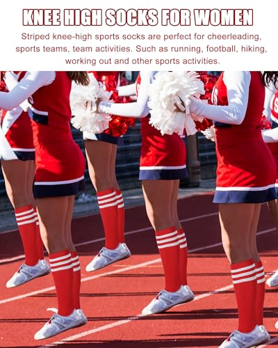Chuarry 20 Pairs Red Knee High Socks for Women Classic Stripe Tube Outdoor Casual Athletic Socks Bulk for Cheerleading Activities Sport Spirit Event Wear4