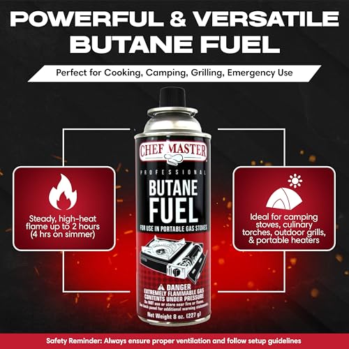 Chef Master 4x 8oz Butane Fuel Canister - Butane Refill for Kitchen Torch & Camp Stove - Gas Canister for Picnics, Outdoor Cooking, Grilling - Camping Stove, Torch Fuel Camping Essentials - 90340 - Image 3