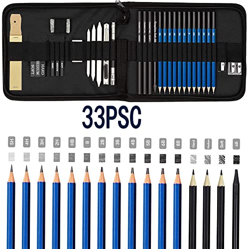 Conjunto de 33 lápis de esboço para desenho profissional de grafite 5H-8B com bolsa de apontador de