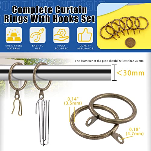 Glarks 120Pcs Antique Bronze Metal Drapery Curtain Hanging Rings with Stainless Steel 4 Prongs Curtain Pleat Hooks and Curtain Pin Hooks for Window Door Bathroom Curtain, 30mm Internal Diameter