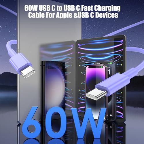 Image of 3-Pack Purple [3.3FT+6.6FT+10FT] 60W USB C to USB C Cable, Type C Fast Charging Cable for iPhone Air 17 16e 16 15 Pro Plus Pro Max，for Galaxy S25, for iPad Pro /Air /mini, for MacBook Pro /Air and More