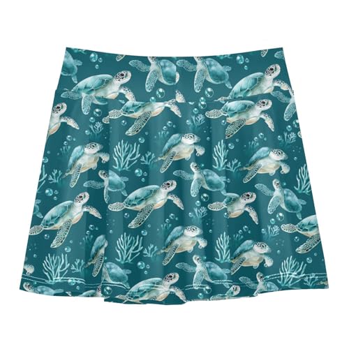 Cartoon Sea Turtle Teal_4 Girls Tennis Skirts with Built in Shorts Flowy Little Girl Skirts Skort Kids with Pockets 4-12Y3