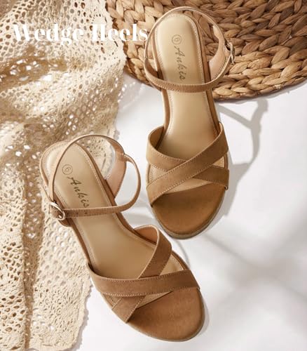 Image of Ankis Wedge Sandals for Women, Espadrille Womens Wedge Sandals Comfortable Open Toe Cross Band Ankle Strap High Heel Wedges for Women Dressy Summer -3.4Inch