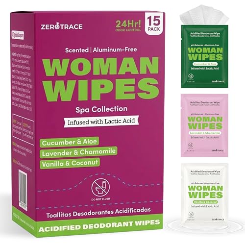 Image of Zero Trace Deodorant Body Wipes for Women - Aluminum Free Underarm Wipes with Lactic Acid - Cucumber Aloe, Lavender Chamomile, Vanilla Coconut - Individually Wrapped Travel Wipe for Gym - 15 Pack