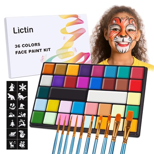 Lictin Pinturas rosto e corporais - 36 cores + 10 escovas 5 palmilhas, pintura facial corporal segura e saudável pintura facial lavável para arte festa de Halloween, aniversário, Natal, grande