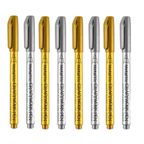 Image of JOUET Metallic Marker Pens Set of 8, Gold & Silver Water-Based Fine Tip Markers, Waterproof & Low Odour, Craft Pens for Paper, Glass, Wood and Metal