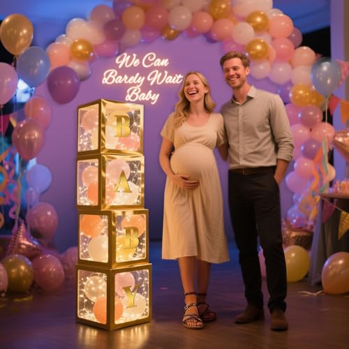 Image of Ledido Baby Boxes with Letters for Baby Shower Decorations, 4 pcs Clear Balloon Boxes Blocks Decor with LED Fairy String Lights for Boy Girl Gender Reveal Decorations Backdrop Party (Gold)
