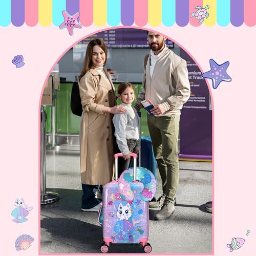 Image of Cute Cat Kid's Luggage Set: 2 Piece Hardside Spinner Wheels Suitcase Set, 16' Airline Approved, Pink Cat Pattern, Ages 5+