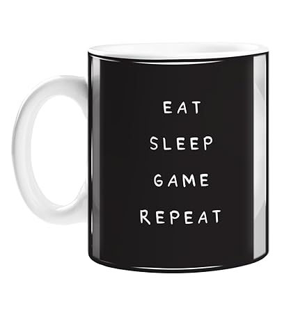 LEMON LOCO Eat Sleep Game Repeat Mug | Deadpan Monochrome Gamer Mug, Gift for Gaming Addict, Gamer Birthday, Funny Gaming Mug
