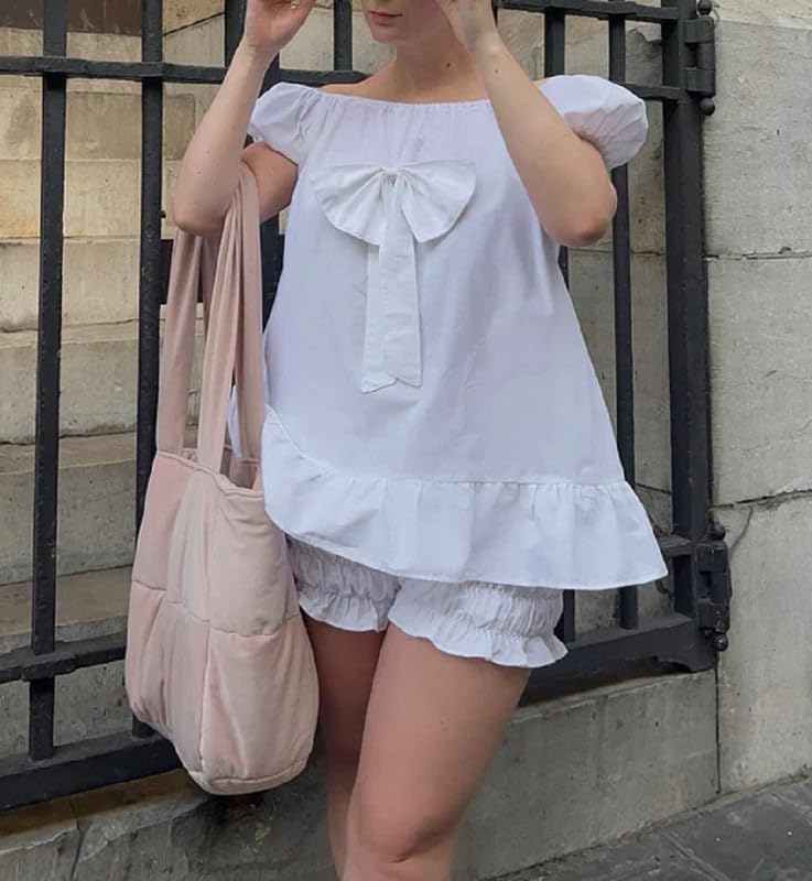 Image of ROAONOCOMO Women Floral Pajama Set Ruffle Puff Sleeve Peplum Shirt Coquette Pj Set Bow Babydoll 2 Piece Shorts Outfit