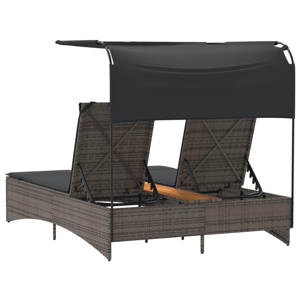 Doppel-Sonnenliege klappbar mit verstellbarem Dach 136 x 202 x 140 cm Poly-Rattan Akazienholz Gartenliege grau wetterfest für Balkon Terrasse Garten