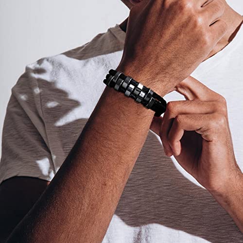 Personalized Leather Bracelets Gift To Dad -Customized Father's Day Gift,Mens Layered Braided Genuine Leather Wristband With Stainless Steel Name Beads,Id Bangle For Men, Husband Grandapa Gift,8.65" #TOP3