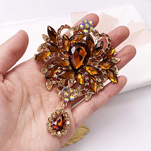 Image of LAXPICOL Wedding Bridal Big Brown Crystal Rhinestone Bouquet Brooch Pin for Women Golden Tone