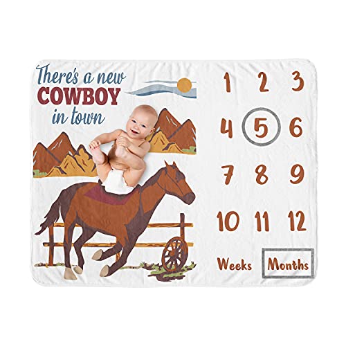 Image of Sweet Jojo Designs Wild West Cowboy Boy Milestone Blanket Monthly Newborn First Year Growth Mat Baby Shower Memory Keepsake Gift Picture - Red Blue and Tan Western Southern Country Horse Mountains