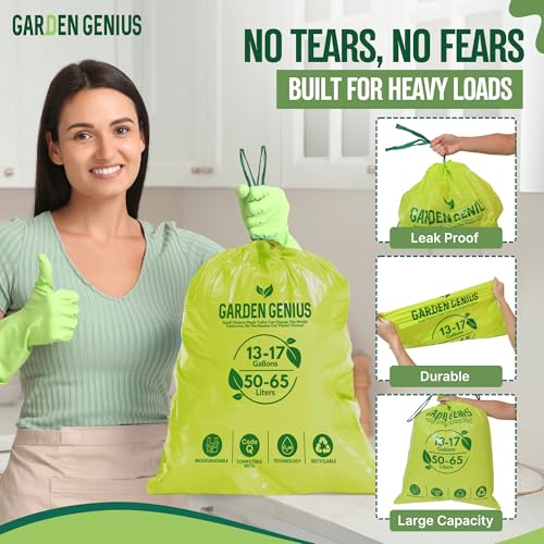 Image of Biodegradable 13-17 Gallon Code-Q Trash Bags (50 Pack) | Strong Heavy-Duty Tall Green Kitchen Bags w /Drawstring | Fits Simplehuman & Standard Cans | Eco-Friendly D2W, 30 Micron Thick | 25.6 inch x 33.5 inch