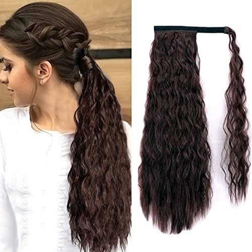 ALENTOO Corn Wave Ponytail Extension Clip in - 22 Inch Synthetic Wrap Around Ponytail Magic Paste Black Mixed Auburn Brown Color Hairpiece for Women(22inch 2/33#)