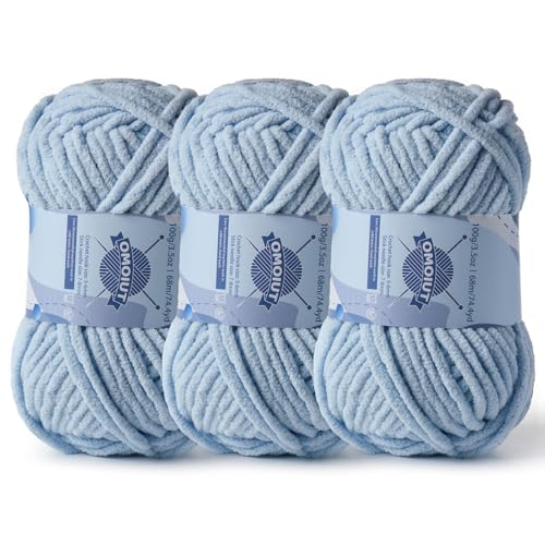 Image of 3 Pack Chunky Chenille Yarn for Crocheting, Baby Yarn for Crocheting Soft Blankets, Bulky Yarns for Crochet Amigurumi, 300g (223yds) Fluffy Velvet Yarns for Hand Knitting (3 Sky Blue)