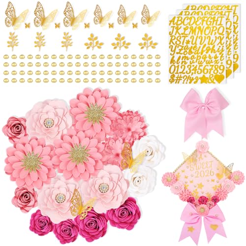 Mverse Graduation Cap Decorations Kit 2026-3D Paper Flowers & Gold Butterflies for Grad Cap Topper - DIY Flower Stickers Glitter Letters & Pearls for Crafts & Shadow Box (Pink)