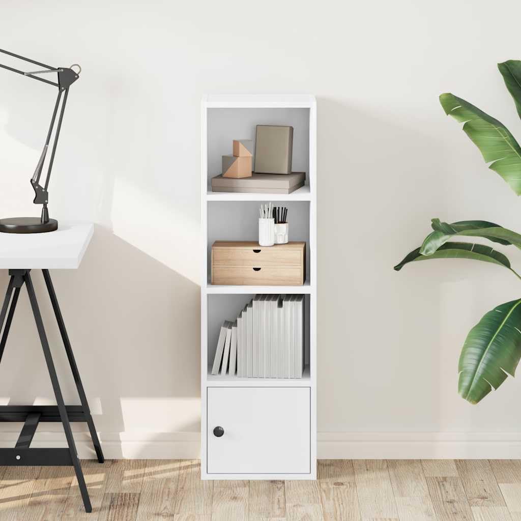 Bücherregal Weiß 31x24x102 cm Holzwerkstoff | Mehrere Böden, Tür links oder rechts montierbar, Vielseitig einsetzbar, Pflegeleicht mit feuchtem Tuch