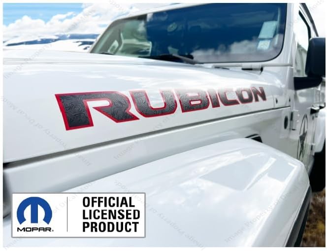Rubicon Hood Graphic Vinyl Decal fits Jeep Rubicon JL/JT (2018-2026) Matte Black topo Lines with Red Outline (Set of 2) - CR | UV1A1