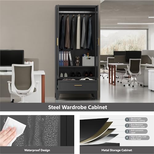 Image of Black Metal Wardrobe Closet, Steel Armoire Wardrobe with Drawer Clothes Cabinet for Bedroom, 71 inch Tall Farmhouse Armoire Closet with Drawer, Shelf and 2 Doors Clothing Storage Cabinet with Hanging Rod