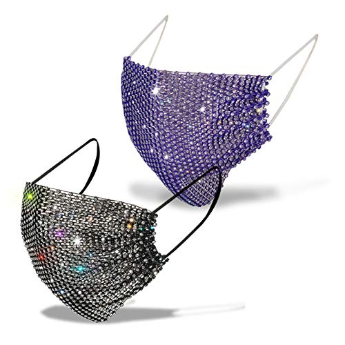 Vaveah Sparkly Rhinestone Mesh Face Mask Pack of 2 Crystal Masquerade Party Nightclub Face Masks Halloween Mask for Women and Girls (Black & Purple)