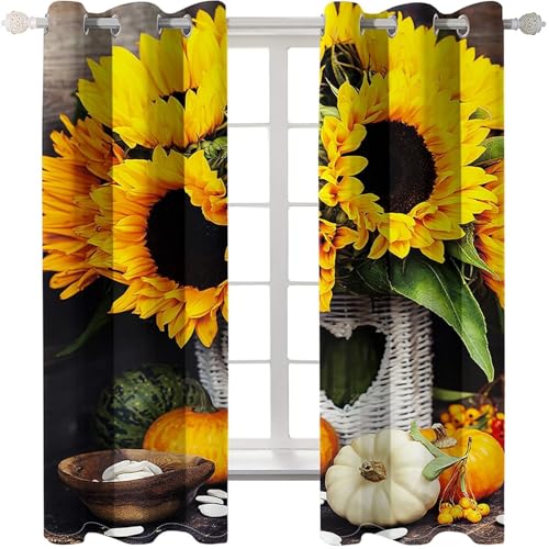 Homxi Cortinas Salón Opacas Modernas 2 Paneles,2 x 96W x 183H CM,Cortina de Comedor Ojales Patrón de Ramo de Girasol y Calabaza Cortinas de Amarillo Verde Blanco