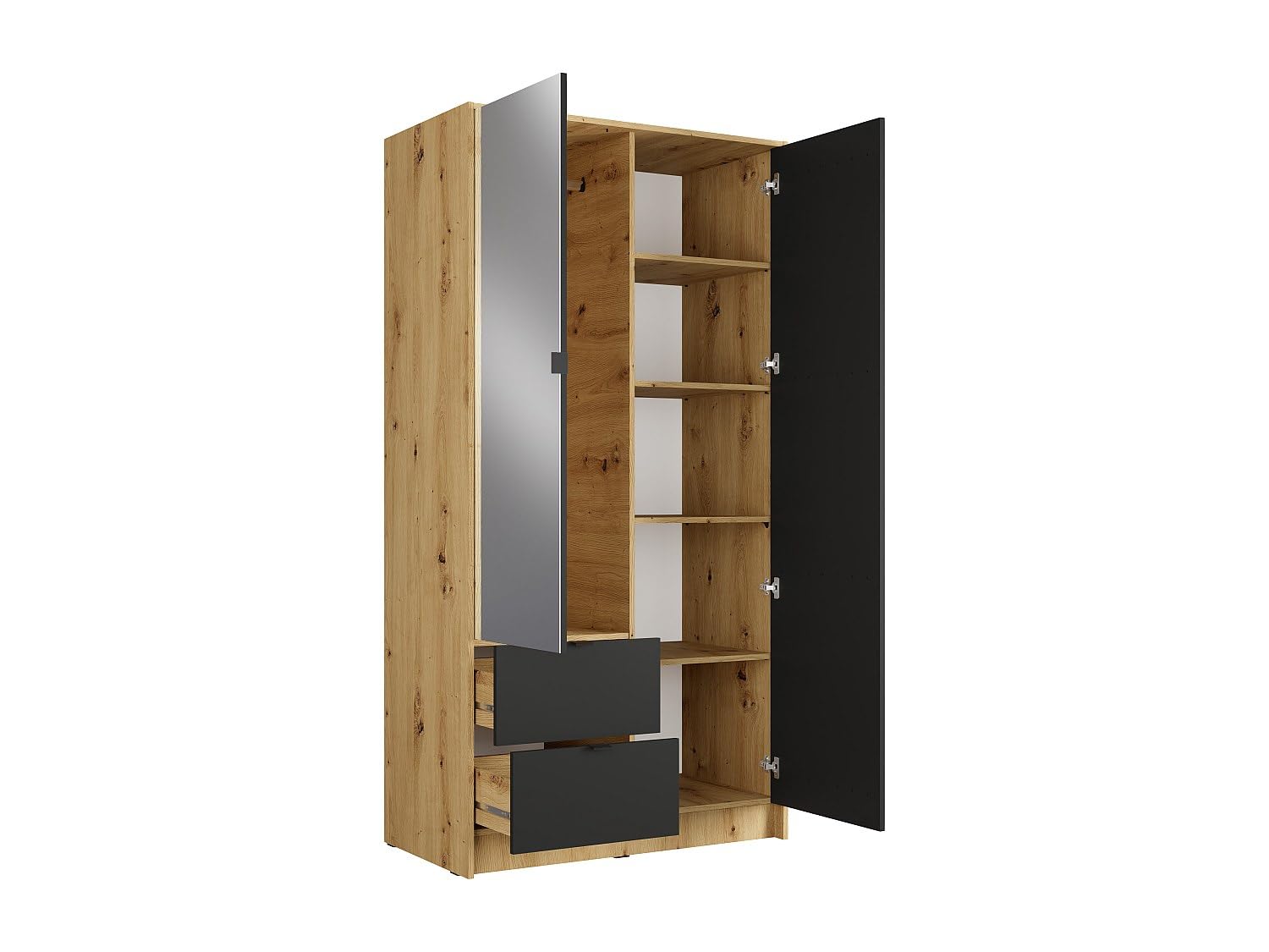 Vente-unique - Armadio a 2 ante e 2 cassetti - con specchio - L102 cm - Colore: naturale e antracite - NEROVAL