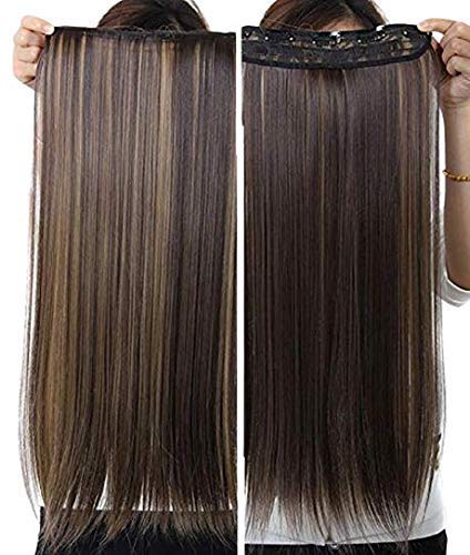 TJOM Clip in Hair Extensions Golden Brown To Light Blonde Highlight Hair Pieces Clip in Straight Wavy Synthetic Hair Extension for Women - Straight Black Golden Highlight-picture-10