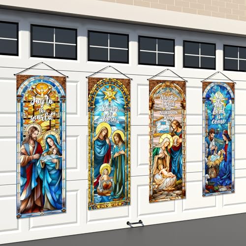 Image of Panelee 4 Pcs Nativity Scene Banner Religious Christmas Backdrop Holy Nativity Stained Glass Style Wall Decorations Jesus Porch Sign for Xmas Indoor Outdoor Church Wall Hanging Decor