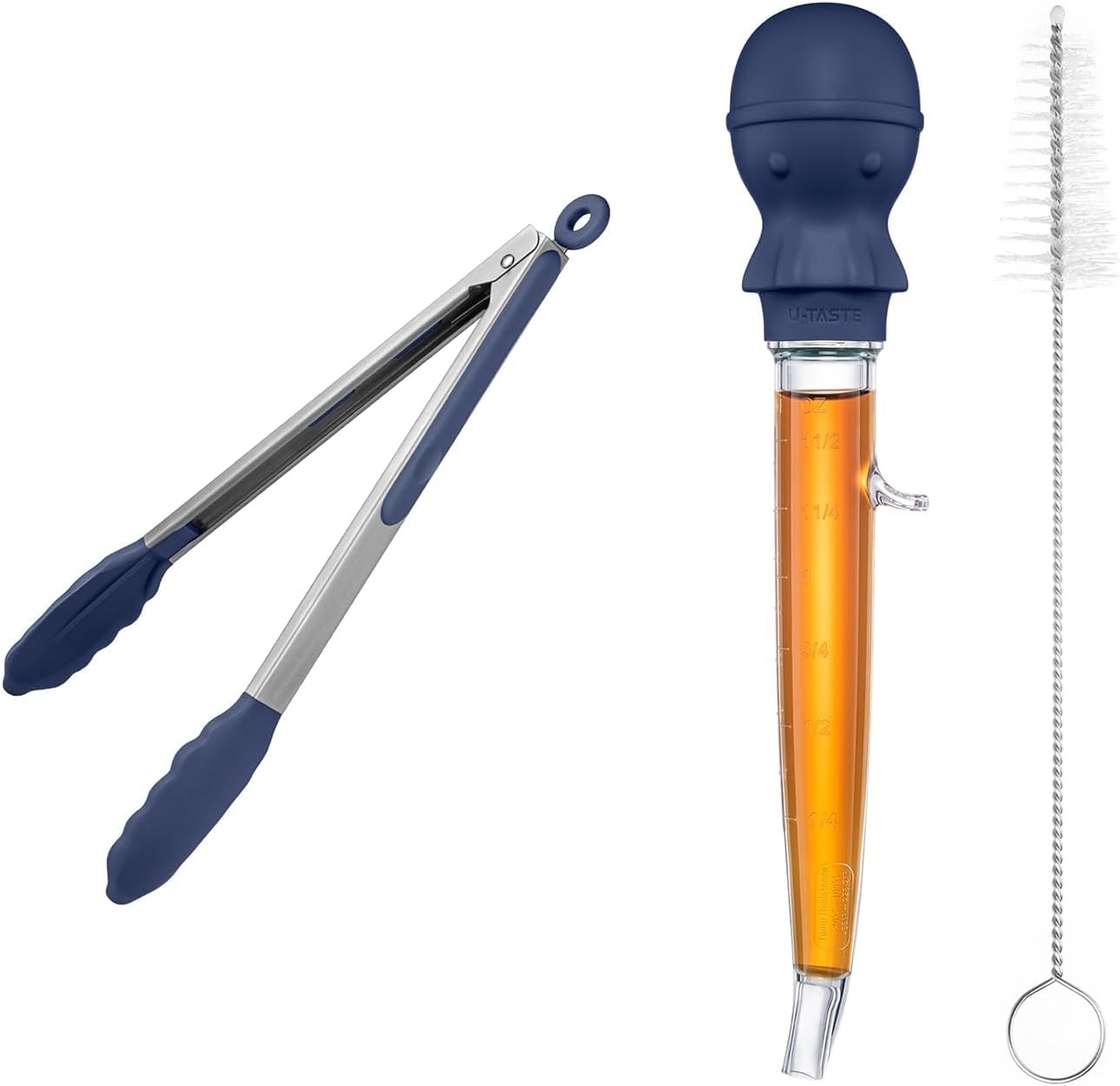 U-Taste 228.2℉ Heat Resistant BPA Free 1.5 oz Angled Turkey Baster, and 600℉ Heat Resistant 12in Kitchen Cooking Tong with Silicone Tip (Midnight Blue)