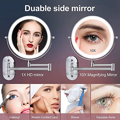Miroir de maquillage 10X mural 8 pouces rechargeable à 3 couleurs LED - 6