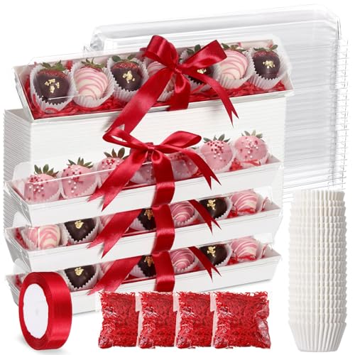 Reallnaive Chocolate Strawberry Boxes with Clear Lids Disposable Macaron Boxes with Paper Food Trays Bags Raffia Dessert Containers Serving Trays Gifts for Mother's Day Bakery Cookies