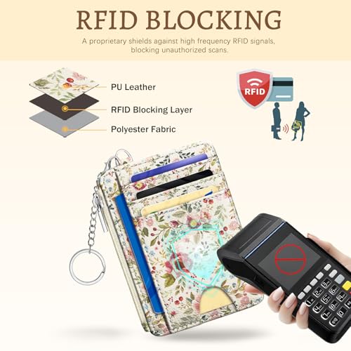 Image of Kelvoris Flower Credit Card Holder Small Wallet Women, Slim RFID Keychain | Zipper Coin Pocket, PU Leather Front Pocket, Thin Travel Card Case, Compact, 6 Card Slot, 1 ID Window, Ladies Gifts for Woman