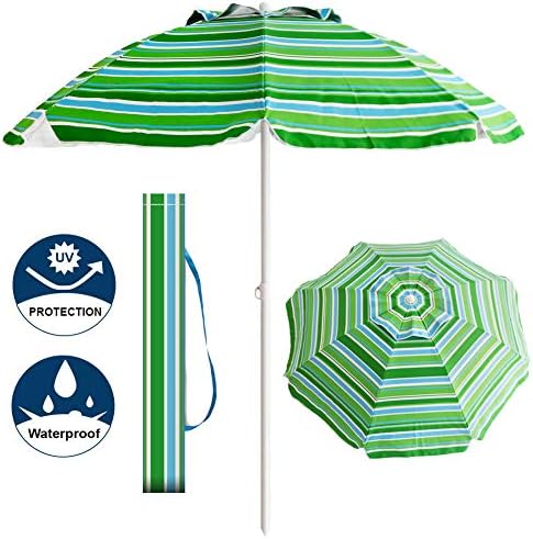 US PIEDLE 7ft Folded Beach Umbrella with Tilt and Silver Coating Inside, Integrated Sand Anchor and Air Vent Parasol Sun Shelter, Carry Bag Included (Blue/Green Stripe)