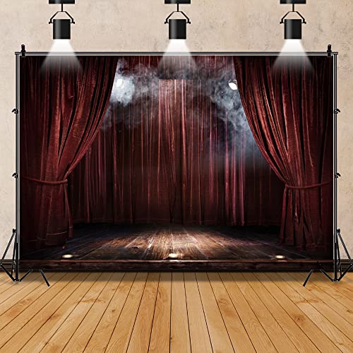 YongFoto 10x8ft Vinyl Stage Scenes Photo Backdrop Brown Curtain Wood Floor Smoky Spotlight Magic Theater Stage for Party Event Photography Video Film Photoshoot Background Studio Props Wallpaper - Image 3