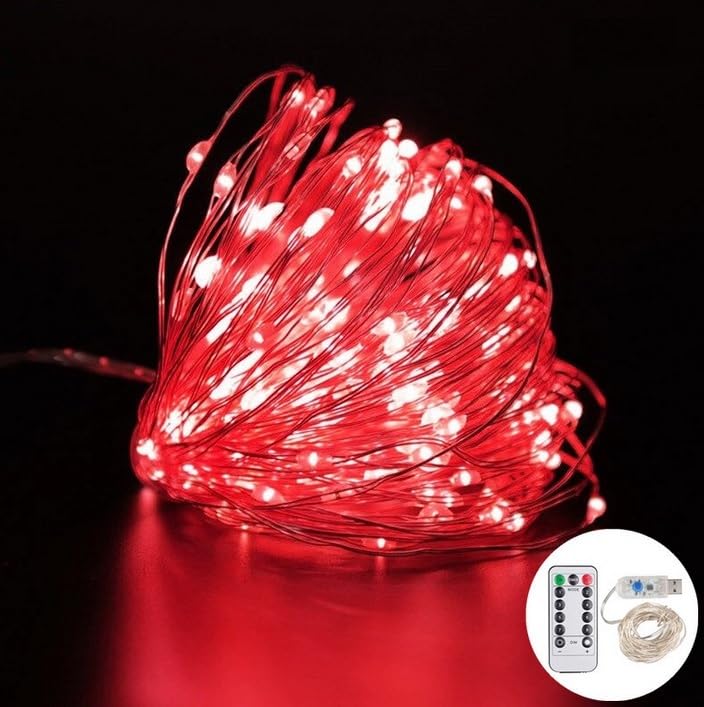 Volunx USB Red Fairy Lights 2/5/10m Copper USB Plug in, String Light 8 Modes Copper Wire String Lights Remote Timer, Twinkle Firefly Bedroom Party Night Room Decorations Xmas (5m / 50LED)