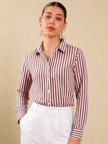 Image of Aahwan Solid Button Up Drop Shoulder Vertical Stripe Pattern Casual Long Sleeve Shirt for Women's & Girl's