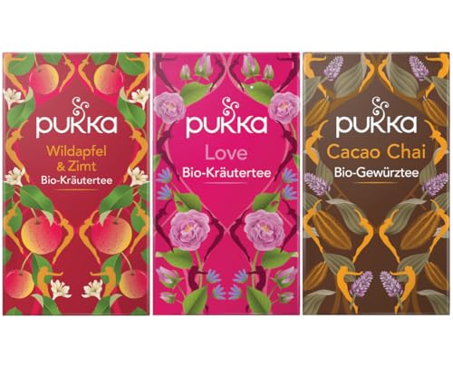 Pukka - Bio-Kräutertee Freude & Liebe - Tee Mix - 60 Teebeutel (20 x Wildapfel & Zimt, 20 x Love, 20 x Cacao Chai)