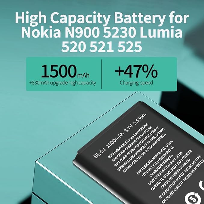 [1500mAh] BL-5J Replacement Battery(2025 New Upgrade) Compatible with Nokia N900 5230 Lumia 520 521 525 Battery