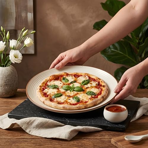 Image of miah decor Dinner Plates Ceramic Set of 6 (10 inch) & Mini Dip Bowl Set of 2 (3.5 inch) | Handcrafted Stoneware Ribbed Off White Matte Finish Plate for Dining & Gifting | Microwave & Dishwasher Safe