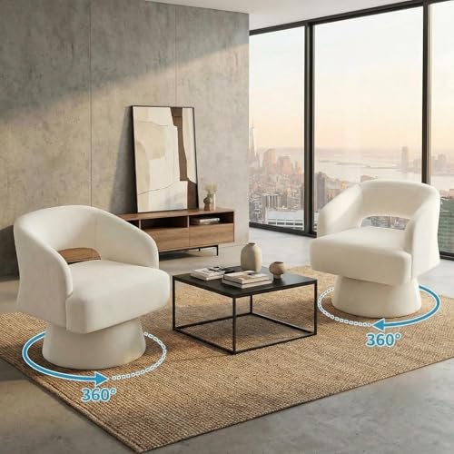 IDEALHOUSE Modern Swivel Accent Chairs Set of 2, Oversized Velvet Barrel Chairs, 360° Thickened Soft Cushion Rotating Round Arm Chairs for Living Room, Bedroom, Reading Nook, Beige